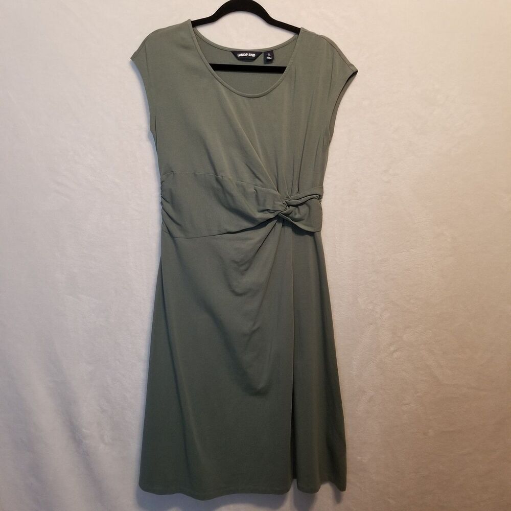 Lands' End S Dress Jersey Knit Olive Green Twist Front Gremlin Forest Fairy